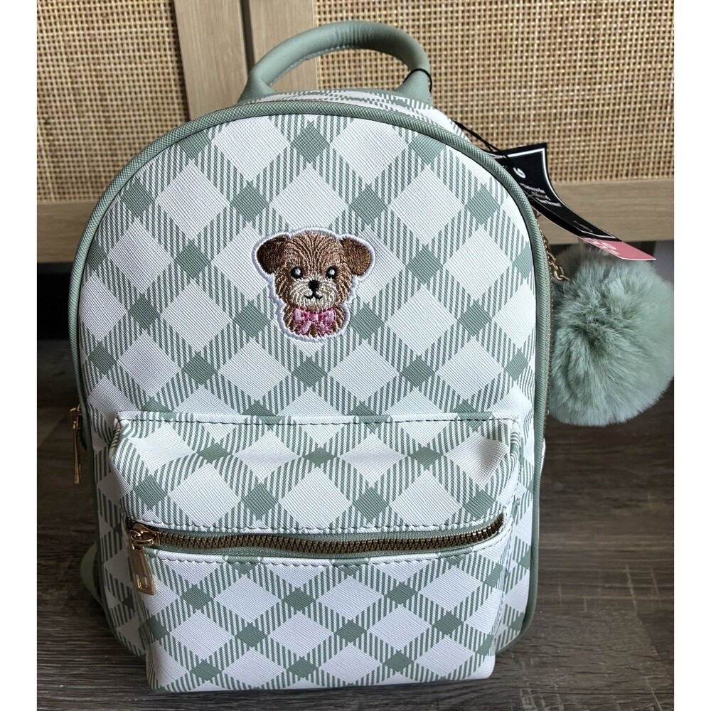 Like Dreams Mini Backpack Sage Green Plaid Teddy Bear Pom Pom New With Tags